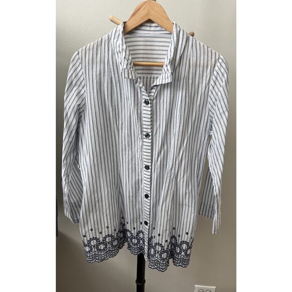 Womens Medium Linen Feel Top Long Sleeves Collared Striped Blue Embroidered - Picture 3 of 12